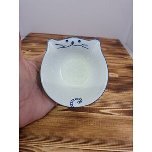 Japanese Happy Cat Sauce Dip Ram Ceramic Bowl Blue White 4x2"